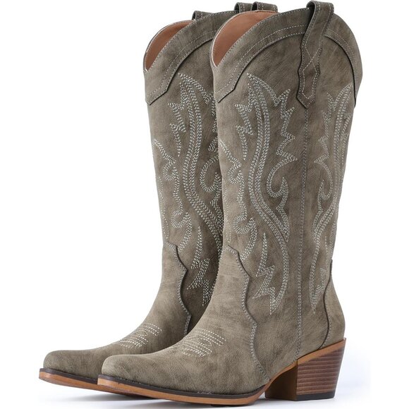 Shoes - Women's Gray Chunky Heel Mid Calf Snip Toe Western Elegance Embroidery Boots